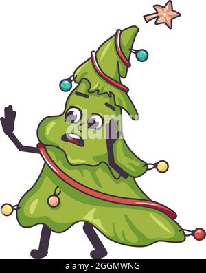 Un arbre de Noël effrayé dans la panique saisit son visage et court. Décoration festive pour le nouvel an et les vacances Illustration de Vecteur