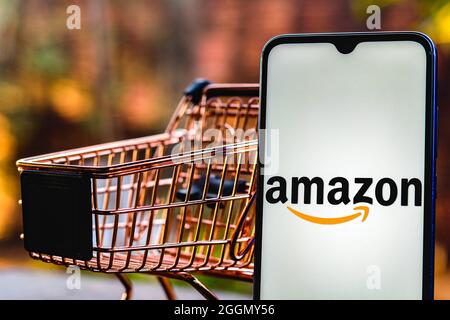 Brésil. 1er septembre 2021. Dans cette illustration, un logo Amazon s'affiche sur un smartphone avec un panier. Crédit : SOPA Images Limited/Alamy Live News Banque D'Images