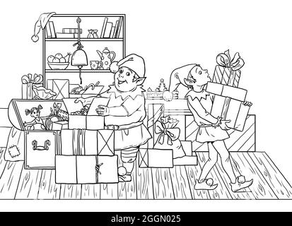 Des elfes amusants emballez des cadeaux. Bonne Année. Modèle de Noël à colorier. Banque D'Images