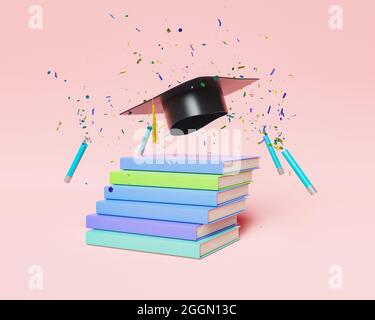 pile de livres sur les marches avec un chapeau de graduation sur le dessus et des tubes de tir confetti. concept de célébration, de remise des diplômes, de succès et de persévérance. 3d ren Banque D'Images