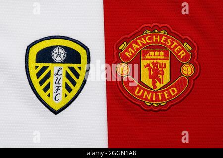 Gros plan sur l'écusson du club Manchester United et Leeds United. Banque D'Images