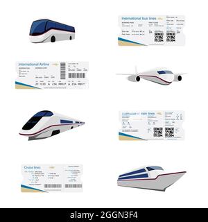 Concept de voyage et de tourisme du monde. Billet avec code QR, modèle de carte d'embarquement. Lignes de bus, air, train et croisière. Vecteur Illustration de Vecteur