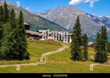 Famille de quatre personnes randonnées dans les prairies, l'été dans la station de ski du Puy-Saint-Vincent, Ecrins, Alpes françaises, France Banque D'Images