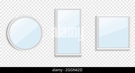 Ensemble de miroirs de différentes formes isolées. Cadre de miroir, modèle de miroir blanc. Design pour meubles d'intérieur. Surfaces en verre réfléchissant isolées. Illustration de Vecteur