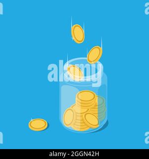Pot d'argent en verre plein de pièces d'or. Économiser de la pièce de monnaie en dollar dans une caisse moneybox. Croissance, revenu, épargne, investissement. Symbole de richesse. Succès commercial. Vecteur il Illustration de Vecteur