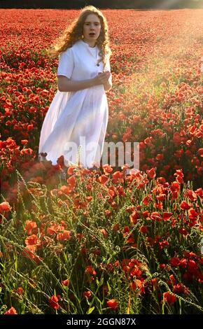 adolescente avec de longs cheveux rouges portant une robe blanche dans un champ de pavot avec des rayons du soleil du soir. Banque D'Images