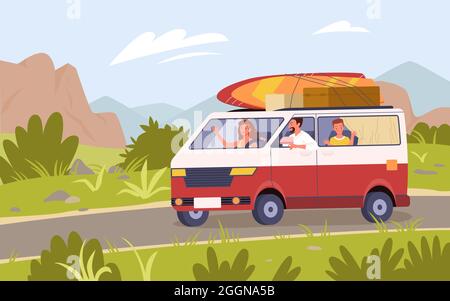 Les touristes en famille voyagent en car car camping-car sur la route, vacances d'été aventure Illustration de Vecteur