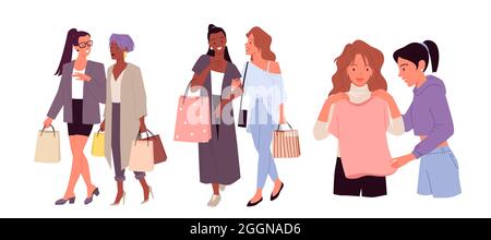 Caricature Happy élégant jeune cashopper femmes personnages marchent avec des sacs de shopping, dame essayant des vêtements dans le magasin de détail isolé sur blanc. Les filles magasinent Illustration de Vecteur