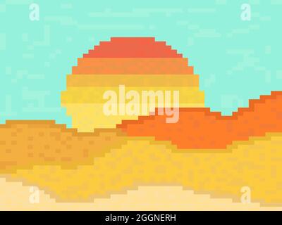 Paysage de pixels avec montagnes et soleil. Lever de soleil sur les montagnes en style pixel. Jeu vidéo rétro 8 bits des années 90 en 2D. Illustration vectorielle Illustration de Vecteur