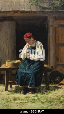 La femme de l'agriculteur au travail. Musée : COLLECTION PRIVÉE. Auteur: Vladimir Yegorovich Makovsky. Banque D'Images