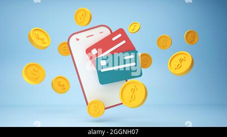 Paiement sans contact paiement sans fil par carte de crédit sur smartphone, rendu 3d Banque D'Images