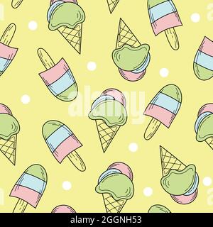 Motif sans couture de couleur crème glacée dessinée à la main pour le design. Motif infini sur fond vert pour l'impression, le textile, l'emballage et le menu Illustration de Vecteur