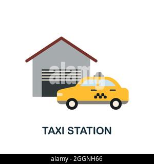 Icône plate de la station de taxi. Affiche colorée de la collection pour les petites entreprises. Illustration de l'icône de la station de taxi créative pour la conception Web, les infographies et bien plus encore Illustration de Vecteur