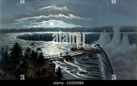 Chutes du Niagara, depuis Goat Island. Affiche ancienne restaurée publiée en 1857 aux États-Unis. Banque D'Images