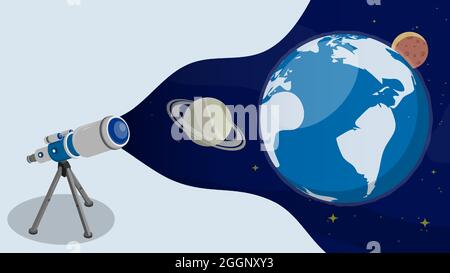 Le télescope observe des satellites en orbite autour de la planète Terre dans l'espace. Communication par satellite et navigation GPS. Vecteur de dessin animé Illustration de Vecteur