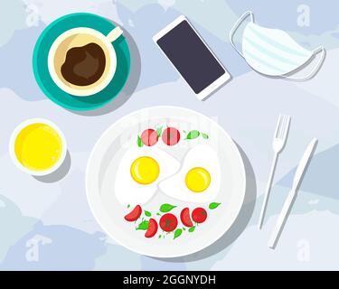Déjeuner café, jus de fruits, œufs frits. Smartphone et masque facial sur la table. Illustration vectorielle. Illustration de Vecteur