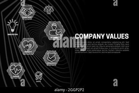 Bannière valeurs de l'entreprise fond noir avec icônes Illustration de Vecteur