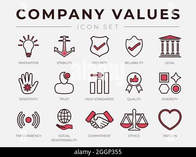 Valeurs fondamentales de l'entreprise icône de ligne de contour rétro définie avec des icônes de couleur Illustration de Vecteur