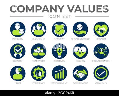 Ensemble d'icônes de tour des valeurs fondamentales de l'entreprise. Intégrité, leadership, sécurité, apporter de la valeur, le respect, Qualité, travail d'équipe, positivité, passion, collaboration, Illustration de Vecteur