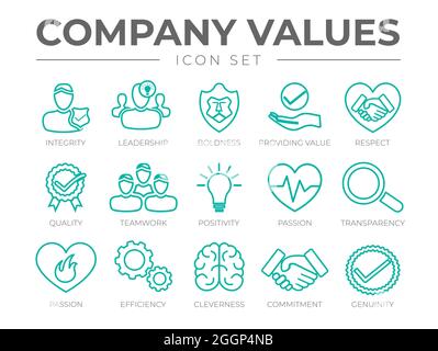 Ensemble d'icônes de contour des valeurs de l'entreprise. Intégrité, leadership, audace, valeur, respect, Qualité, travail d'équipe, positivité, passion, transparence, Passion, Efficic Illustration de Vecteur