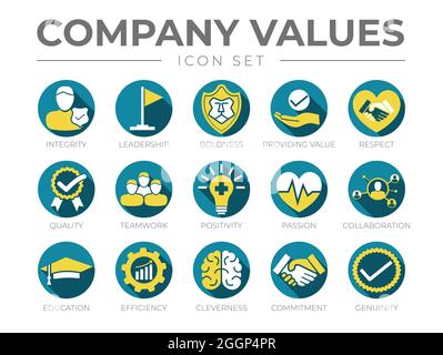 Ensemble d'icônes de couleur ronde des valeurs de l'entreprise. Intégrité, leadership, audace, valeur, respect, Qualité, travail d'équipe, positivité, passion, collaboration, Illustration de Vecteur