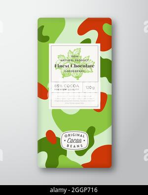 Étiquette chocolat aux groseilles à maquereau. Formes abstraites Vector Packaging Design Layout with Shadows. Typographie moderne, baies dessinées à la main Silhouette et coloré Illustration de Vecteur