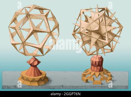 Variations polyédriques basées sur les cinq solides platoniques, ou « corps volumiques » : le tétraèdre, le cube, l'octaèdre, le dodécaèdre et l'icosaèdre.De Perspectiva Corporum Regularium (perspective des corps réguliers), un recueil de géométrie perspectivale destiné à montrer les compétences graphiques de Wenzel Jamnitzer, un célèbre orfèvre allemand du XVIe siècle.Gravé par Jost Amman (Suisse, 1539-1591) après Jamnitzer.Couleurs améliorées. Banque D'Images
