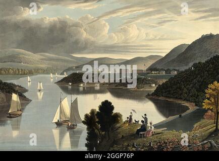 West point, depuis le dessus de la vallée de Washington et vue sur le fleuve, 1834.Aquatinte de couleur main de William James Bennett (1787-1844). Banque D'Images