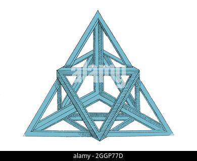 Gravure géométrique d'une variation polyédrique de 'A True and minutieuse instruction in Geometry', 1543, par Augustin Hirschvogel (1503‚Äì1553), qui comprenait des exemples des cinq solides platoniques -- tétraèdre, hexaèdre (cube), octaèdre, dodécaèdre et icosaèdre -- qui, selon Platon, étaient les blocs de construction du monde.Couleurs améliorées. Banque D'Images
