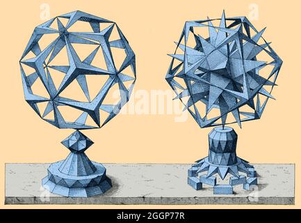 Variations polyédriques basées sur les cinq solides platoniques, ou « corps volumiques » : le tétraèdre, le cube, l'octaèdre, le dodécaèdre et l'icosaèdre.De Perspectiva Corporum Regularium (perspective des corps réguliers), un recueil de géométrie perspectivale destiné à montrer les compétences graphiques de Wenzel Jamnitzer, un célèbre orfèvre allemand du XVIe siècle.Gravé par Jost Amman (Suisse, 1539-1591) après Jamnitzer.Couleurs améliorées. Banque D'Images