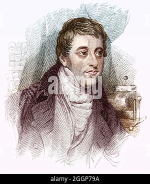 Illustration colorisée de Humphry Davy (17 décembre 1778 - 29 mai 1829), le chimiste et inventeur cornish se souvient mieux pour isoler une série d'éléments pour la première fois (potassium, sodium, calcium, strontium, baryum,magnésium et bore), ainsi que la découverte de la nature élémentaire du chlore et de l'iode.En 1799, il expérimente l'oxyde nitreux et s'étonne de la façon dont il le faisait rire, il l'a surnommé « gaz riant » et a écrit sur ses propriétés anesthésiques potentielles.Il a également inventé la lampe Davy et une forme très ancienne de lampe à arc. Banque D'Images