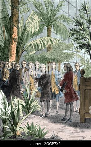 Le botaniste suédois Carl Linnaeus (1707 - 1778), à droite, visite du botaniste français Bernard de Jussieu (1699 - 1777), au centre, et d'autres collègues, au jardin des plantes, Paris, France, 1738. Banque D'Images