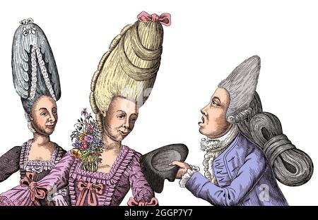 La tête et les épaules de deux femmes à la mode qui portent des perruques extrêmement hautes; à droite un gentleman les salue en les déportant son chapeau. Banque D'Images