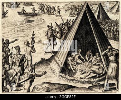 Sir Francis Drake rencontre les natifs californiens en 1579. Banque D'Images