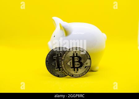 Banque de porc blanche sur fond jaune et deux bitcoins d'or. Il pour l'épargne plan de garder l'argent et la crypto monnaie dans le futur. Banque D'Images