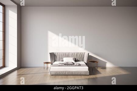 Intérieur de la chambre principale minimaliste avec murs gris et blancs, parquet, lit king size confortable avec deux tables de chevet. rendu 3d, Banque D'Images