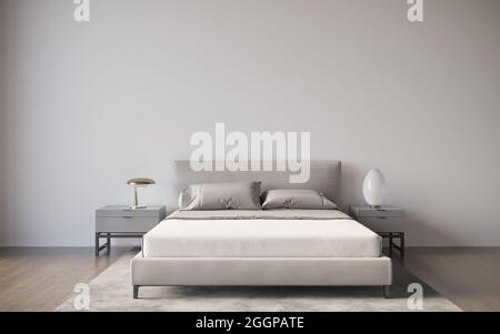 Intérieur de la chambre principale minimaliste avec murs gris et blancs, parquet, lit king size confortable avec deux tables de chevet. rendu 3d, Banque D'Images