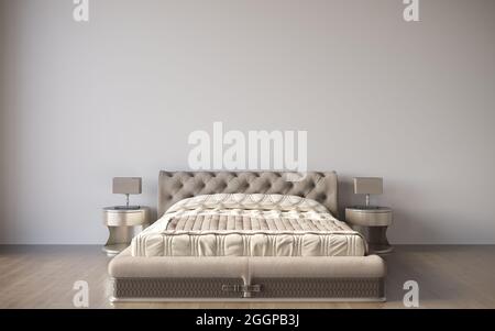 Intérieur de la chambre principale minimaliste avec murs gris et blancs, parquet, lit king size confortable avec deux tables de chevet. rendu 3d, Banque D'Images