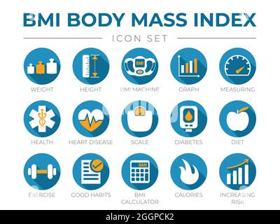 Indice de masse corporelle IMC ensemble d'icônes rondes poids, taille, machine IMC, graphique, mesure, Santé, maladies cardiaques, échelle, diabète, alimentation, Exercice, habitudes, B Illustration de Vecteur