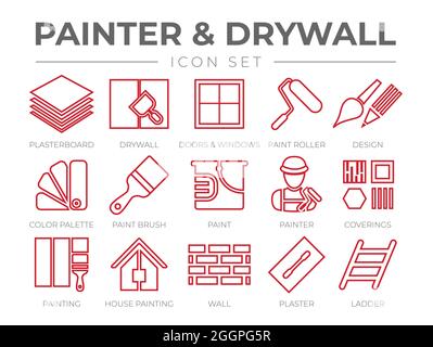 Jeu d'icônes de peinture et de contour de mur sec avec plaque de plâtre, rouleau de peinture, pinceau, palette de couleurs de peinture, peinture, Icônes mur, plâtre, échelle Illustration de Vecteur