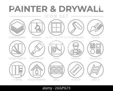 Ensemble d'icônes de contour rond de peintre et de mur sec Illustration de Vecteur