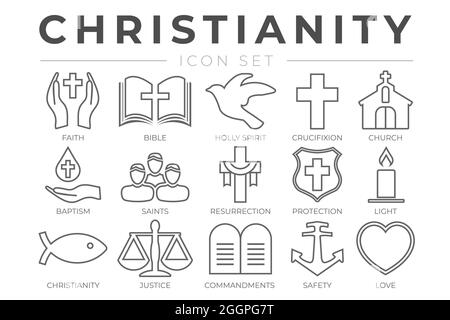 Ensemble d'icônes du Christianisme Outline avec foi, Bible, Crucifixion , Baptême, Église, Résurrection, Esprit Saint, Saints, Commandements, lumière, protection, Jus Illustration de Vecteur