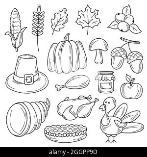 Scénario coloré Doodle dessiné à la main ensemble d'objets et de symboles sur le thème de l'automne de Thanksgiving. Noir et blanc Illustration de Vecteur