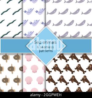 Ensemble composé de six animaux de mer sans couture avec morse, poisson-soleil et béluga. Imprimé habitants du monde sous-marin. Collection de vie sous-marine dessinées à la main. Drôle de dessin animé animaux marins personnage pour enfant Illustration de Vecteur