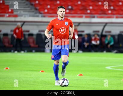 Declan Rice, en Angleterre, se réchauffe avant le match de qualification de la coupe du monde de la FIFA 2022 à la Puskas Arena, en Hongrie. Date de la photo : jeudi 2 septembre 2021. Banque D'Images