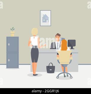 Bureau de banque ou compagnie d'assurance. Employé homme servir client femme avec sac de cuir.parler de prêt ou de dépôt ou d'ouverture de compte.intérieur Illustration de Vecteur