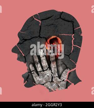 Homme avec oreille rouge, symbolisant acouphène, problèmes d'oreille, folie. Profil stylisé à tête mâle. Photomontage avec terre sèche fissurée. Banque D'Images