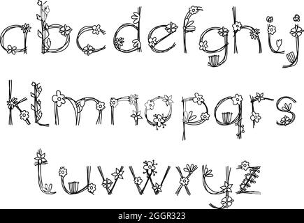 Alphabet printanier avec logo floral vintage audacieux. Classique été lettre Design Vector abc avec couleur noire et fleurs dessinées à la main avec des fleurs de ligne de monoline Illustration de Vecteur