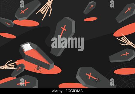 Trick or Treat Halloween Party Backtoile. Coffins, araignées, et squelettes mains vecteur dessin animé plat illustration sur fond noir. Joyeux Halloween bannière arrière-plan avec sarcophages ouverts. Illustration de Vecteur