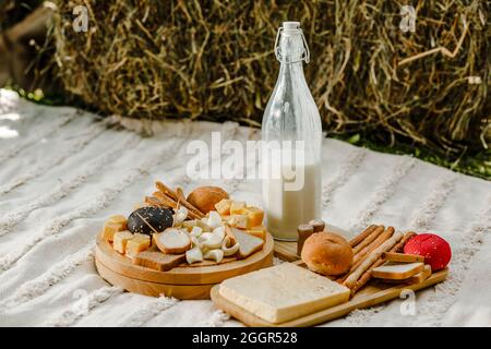 Vue à angle bas de l'assortiment de fromages avec du lait et du pain devant la paille d'herbe séchée Banque D'Images
